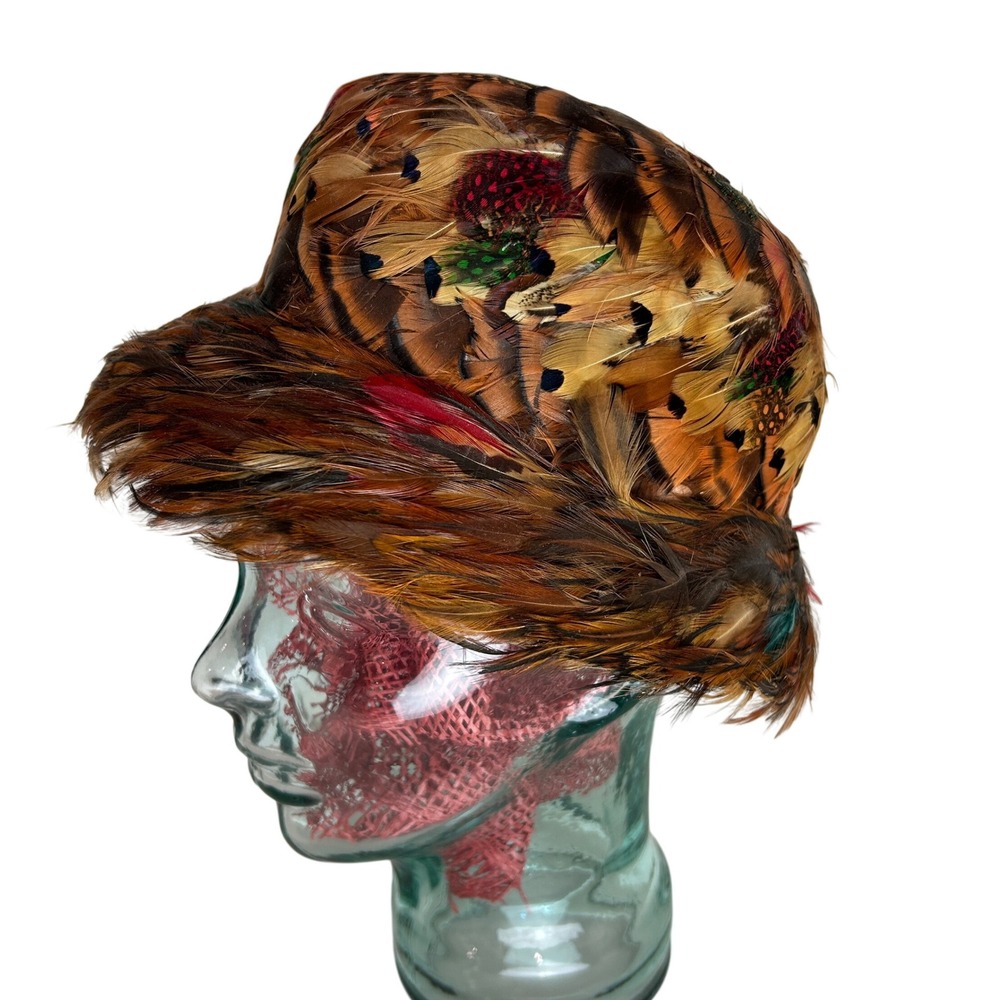 Evelyn Varon Pheasant Feather Cloche Hat Womens Small Brown Vintage 60s USA Made